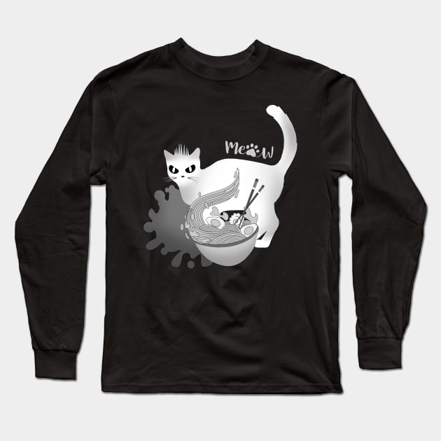 Cat Eating Ramen. Crazy White Cat from Hell Stealing and Eating Food. Long Sleeve T-Shirt by LinoLuno